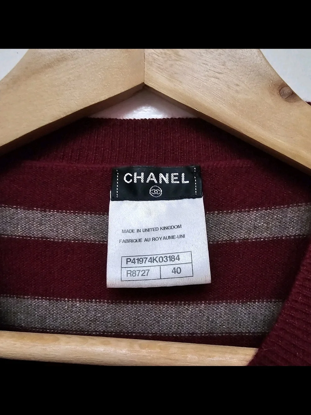 CHANEL Burgundy and Gray Striped Knit Sweater